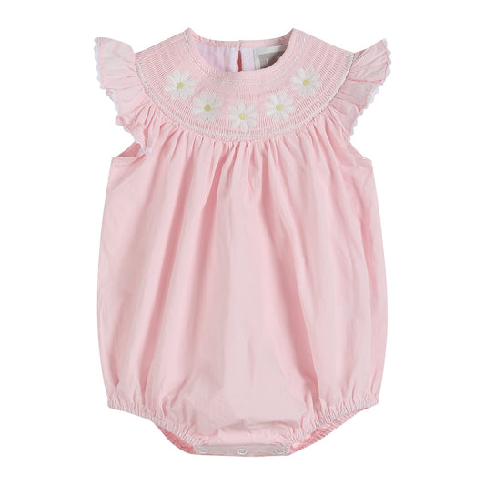 Light Pink Daisy Smocked Ruffle Romper - Abbies Place