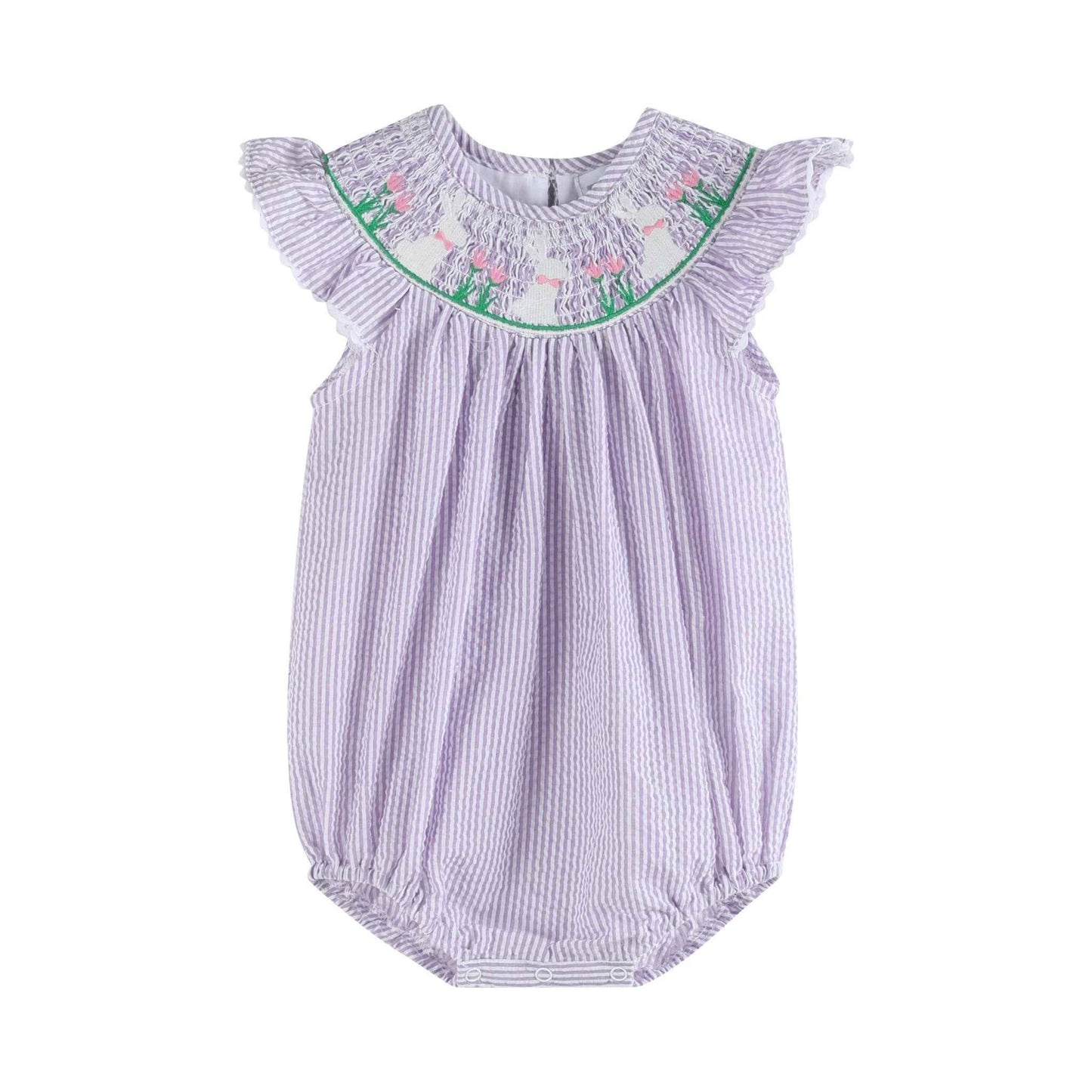 Light Purple Seersucker Bunny Smocked Romper - Abbies Place
