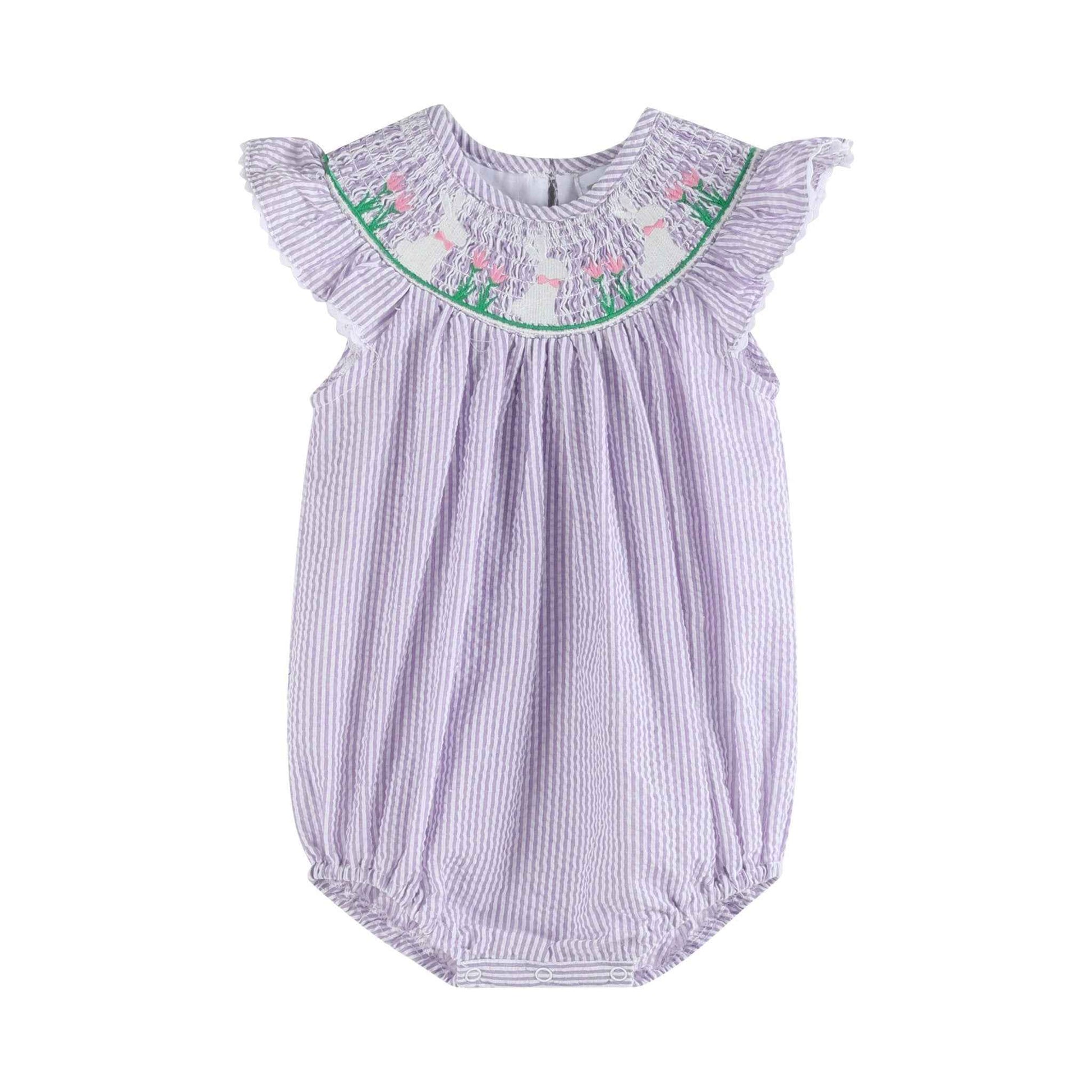 Light Purple Seersucker Bunny Smocked Romper - Abbies Place
