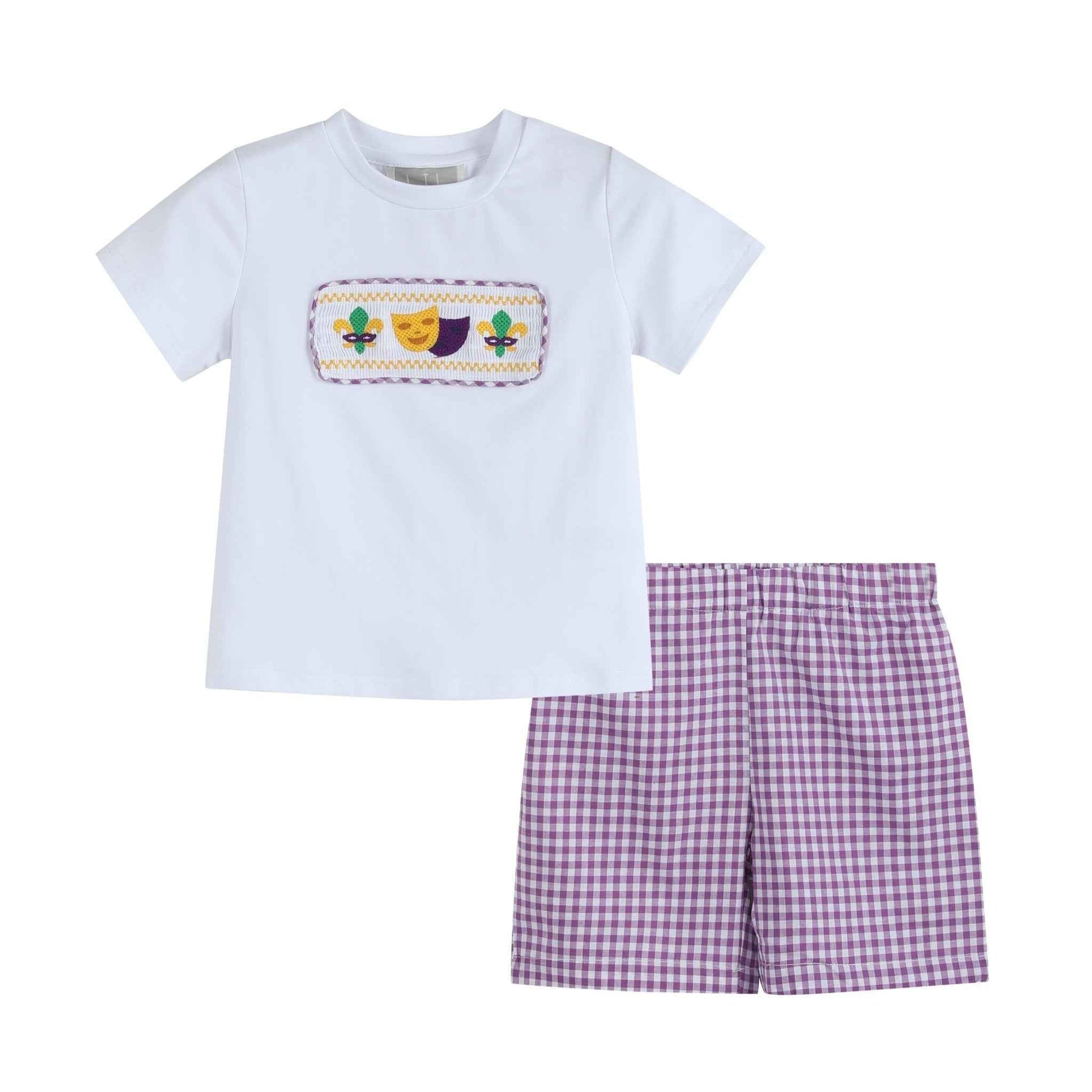Mardi Gras Smocked Tee and Purple Gingham Shorts Set - Abbies Place