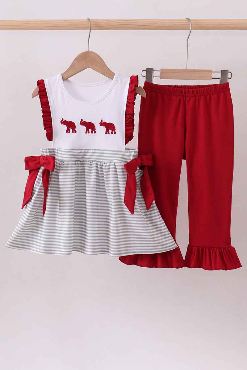 Maroon Alabama embroidery stripe ruffle pants set - Abbies Place