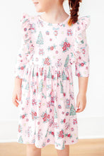 Load image into Gallery viewer, Pink Christmas 3/4 Sleeve Ruffle Twirl Dress

