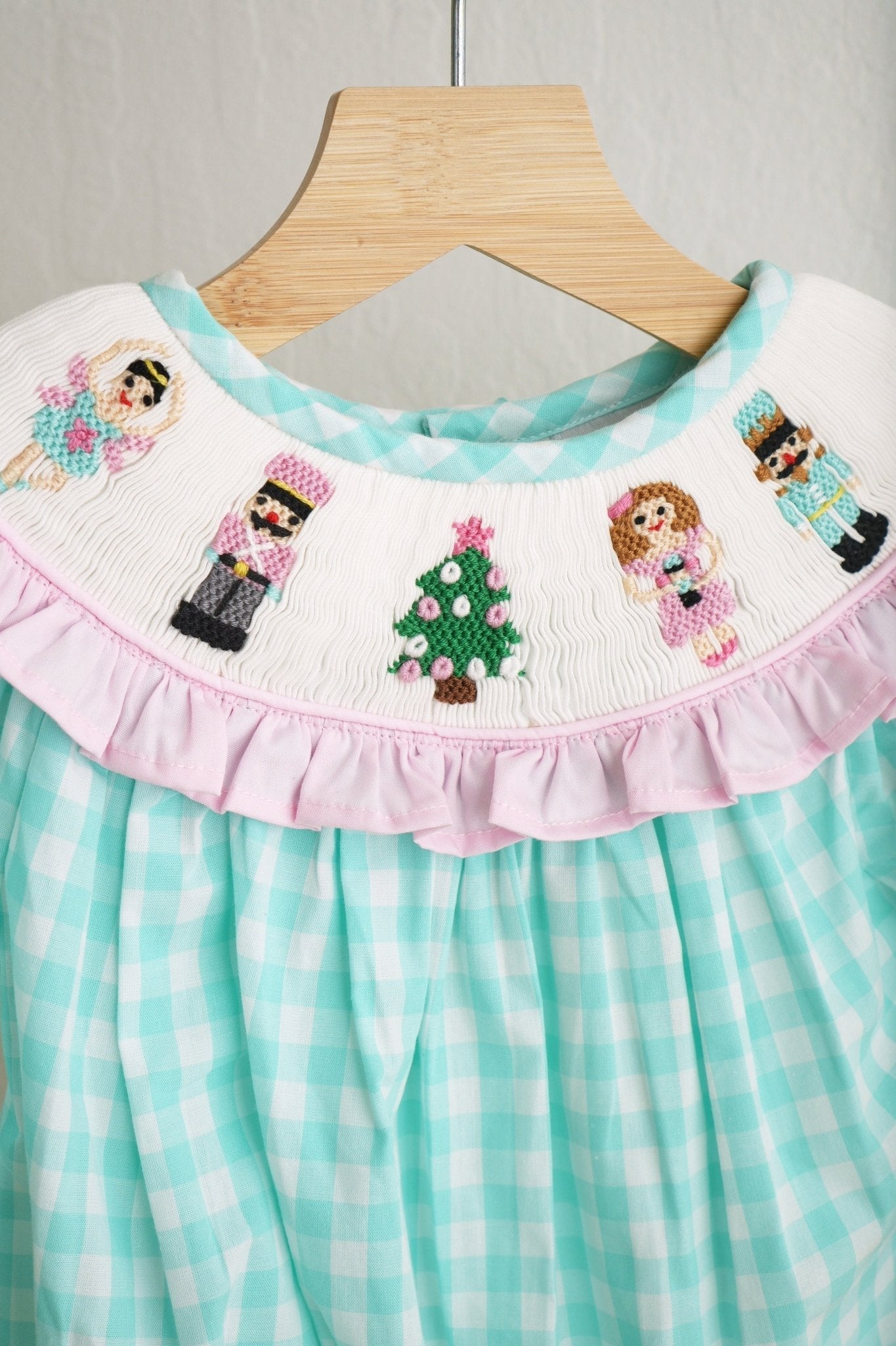 Mint christmas nutcracker hand smocked gingham bubble - Abbies Place