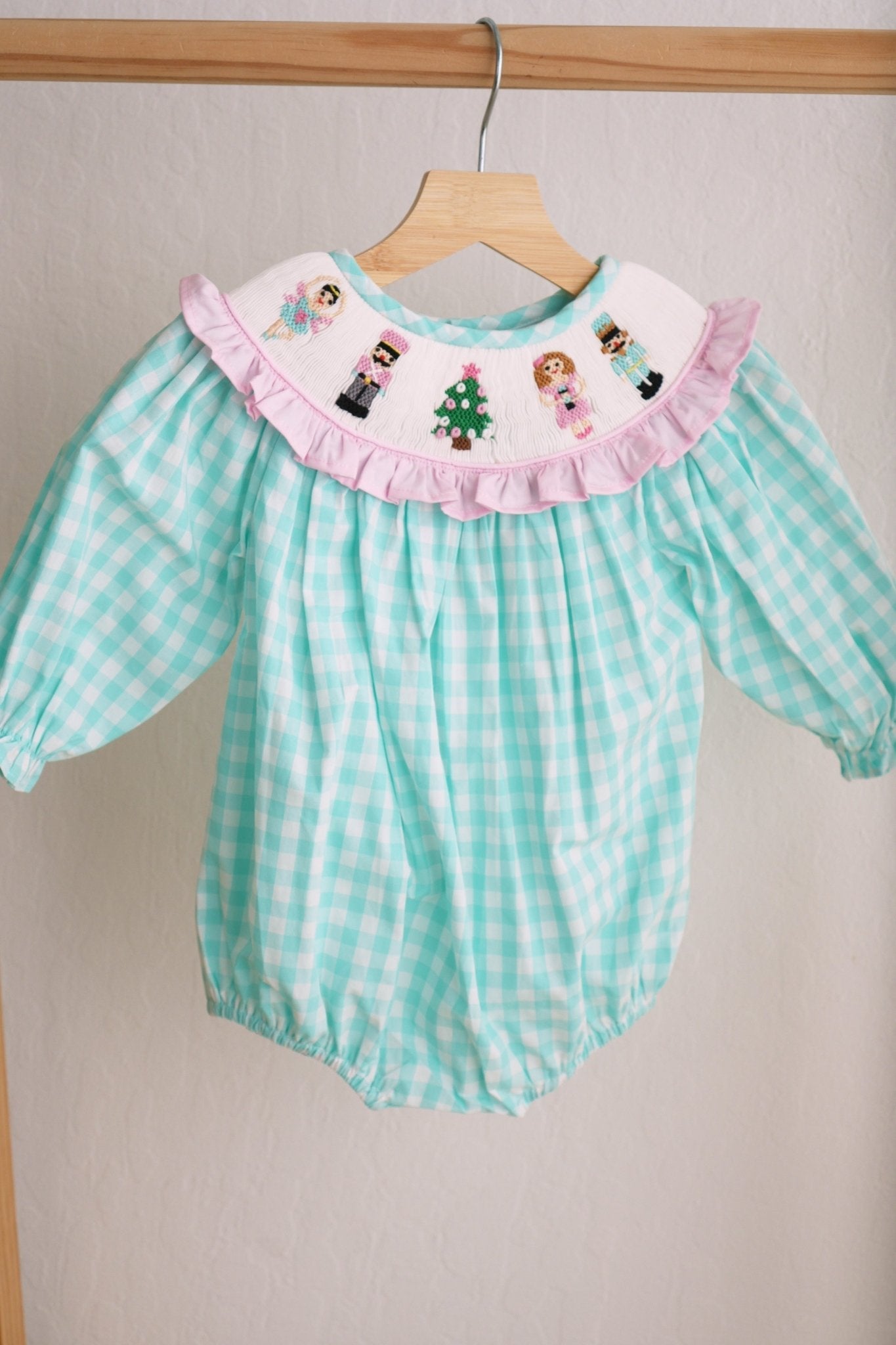 Mint christmas nutcracker hand smocked gingham bubble - Abbies Place