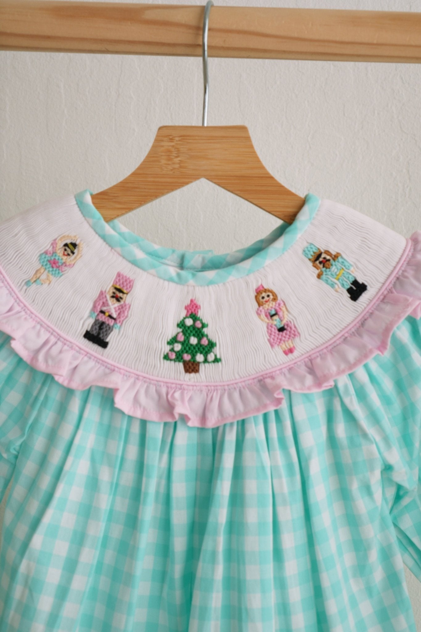 Mint christmas nutcracker hand smocked gingham dress - Abbies Place
