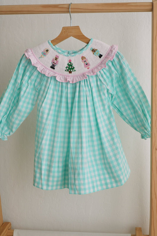Mint christmas nutcracker hand smocked gingham dress - Abbies Place