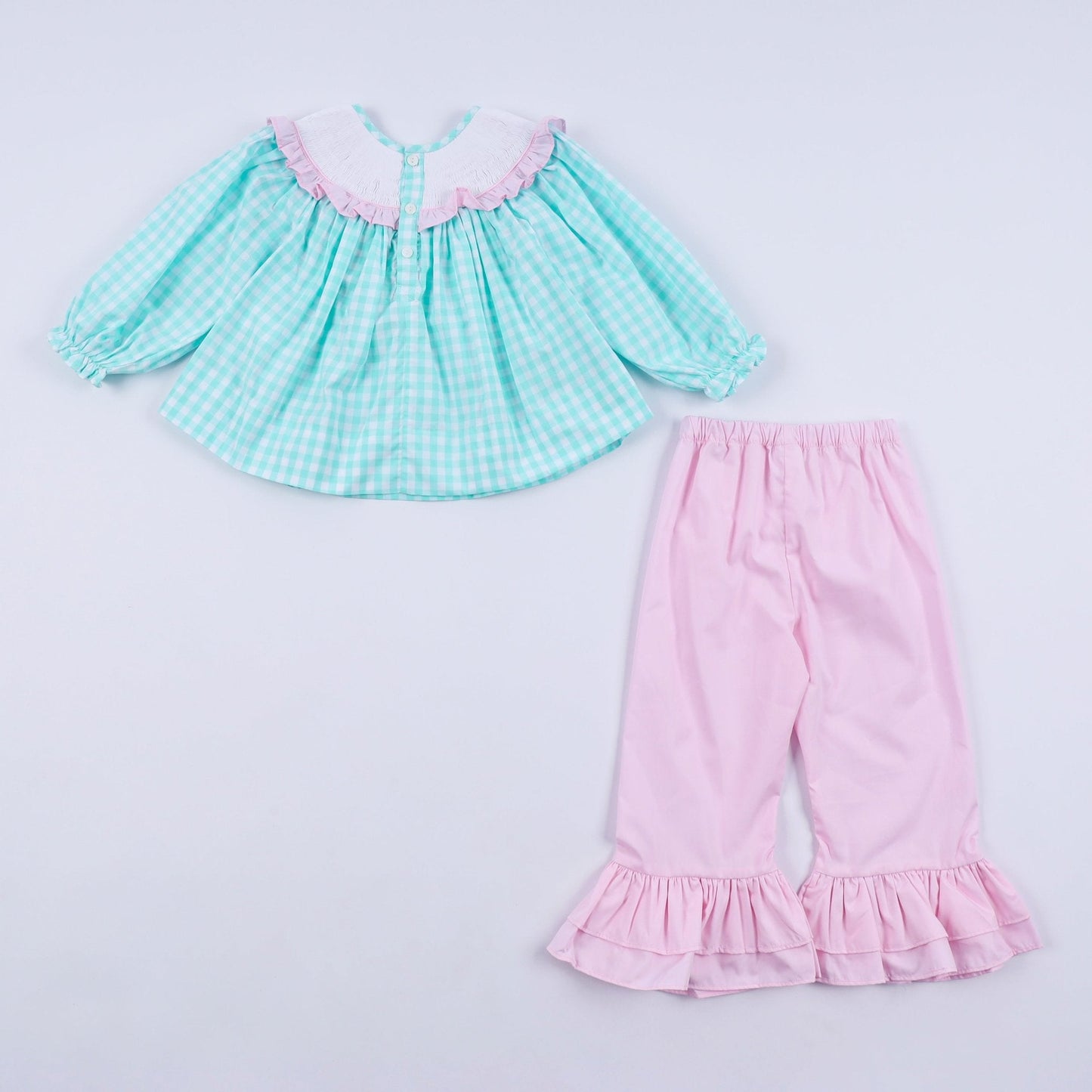 Mint christmas nutcracker hand smocked gingham ruffle pants set - Abbies Place