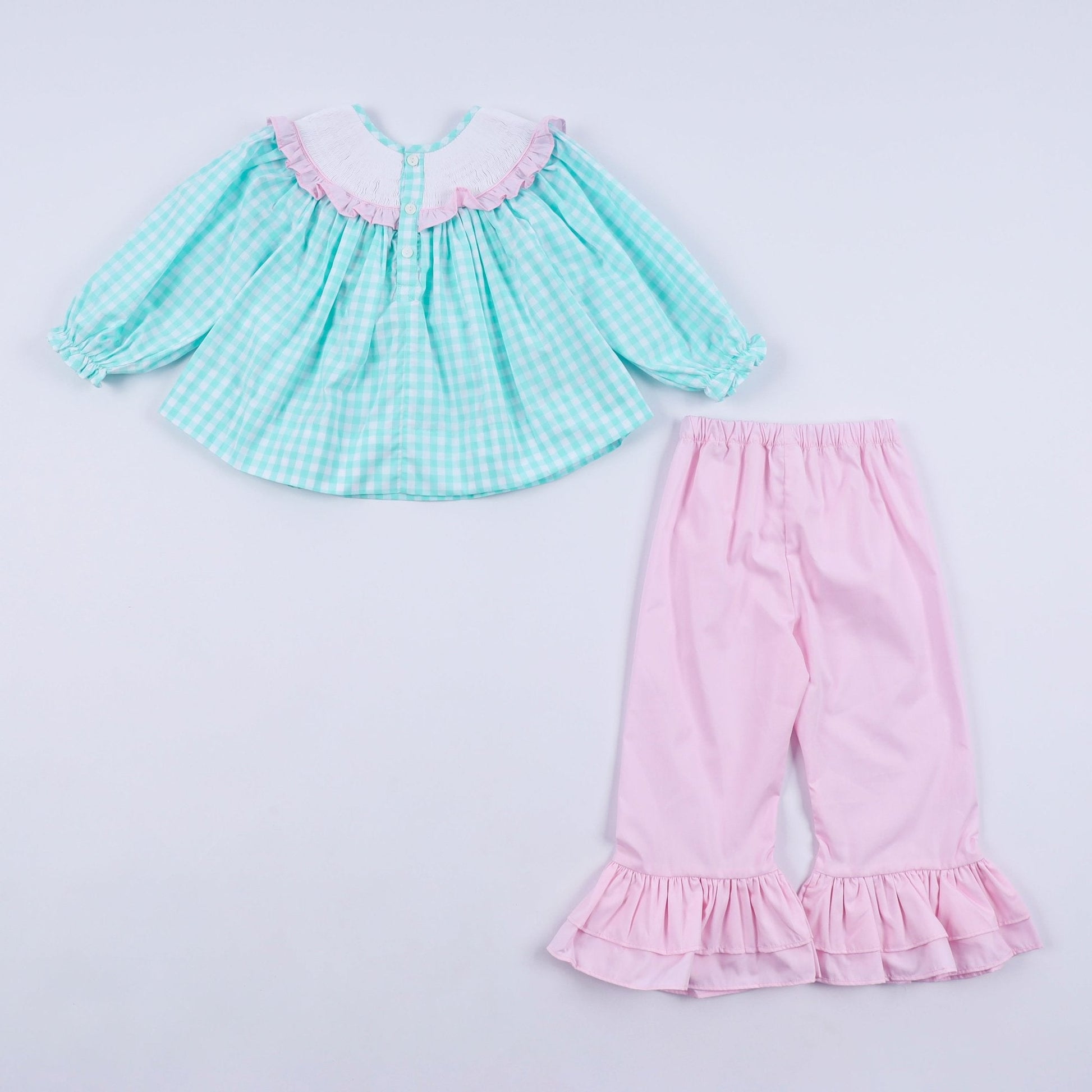 Mint christmas nutcracker hand smocked gingham ruffle pants set - Abbies Place