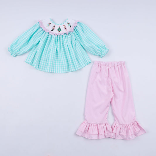 Mint christmas nutcracker hand smocked gingham ruffle pants set - Abbies Place