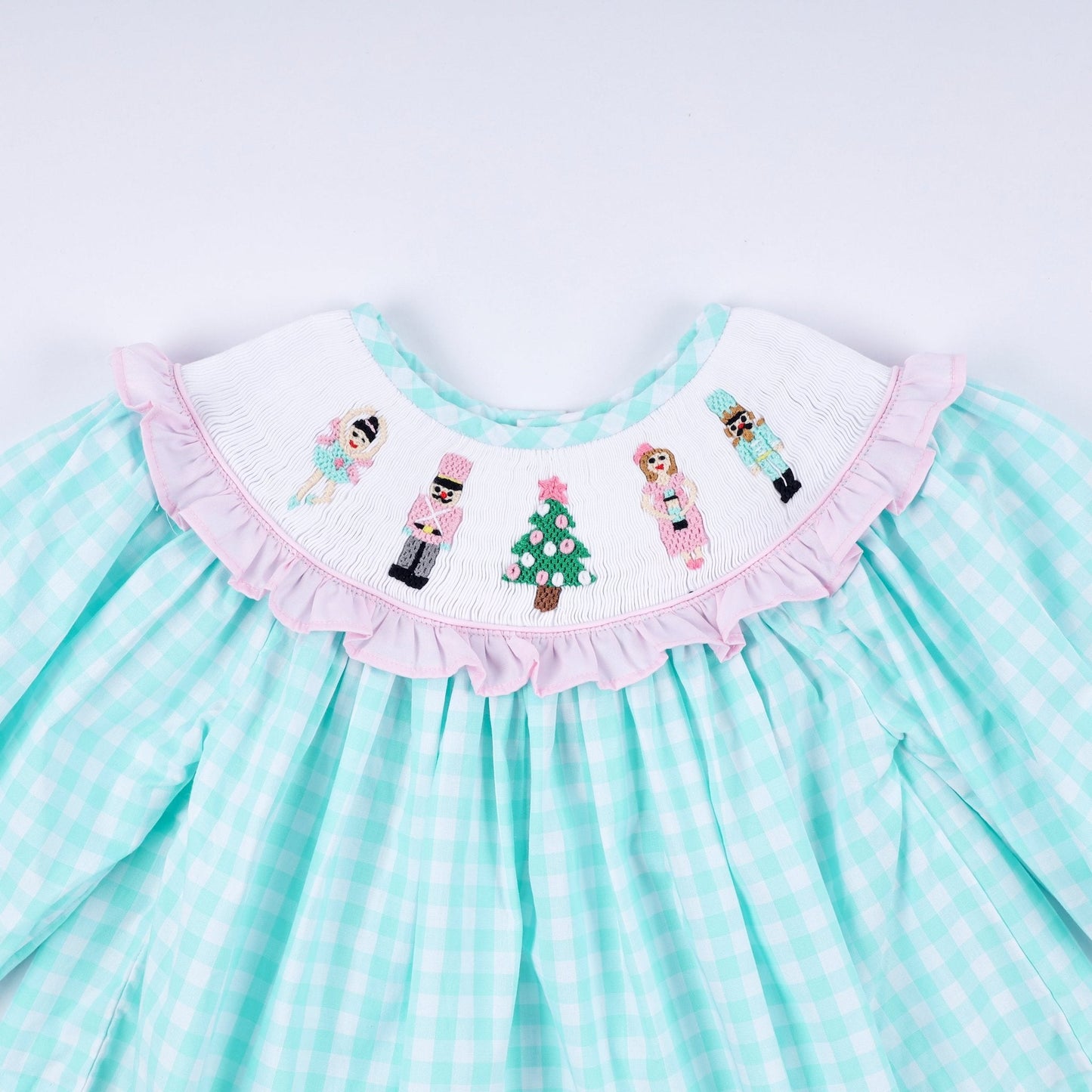 Mint christmas nutcracker hand smocked gingham ruffle pants set - Abbies Place