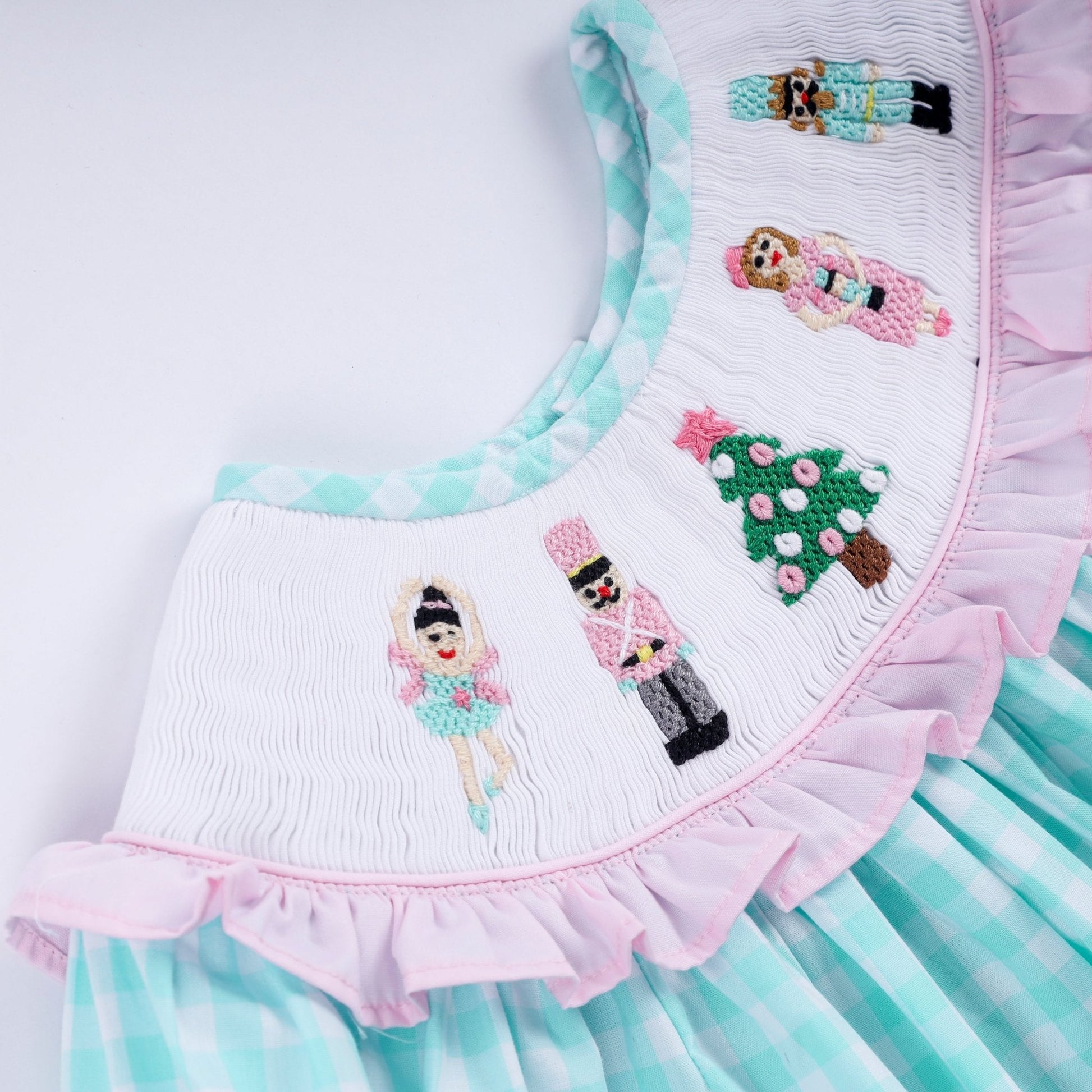 Mint christmas nutcracker hand smocked gingham ruffle pants set - Abbies Place