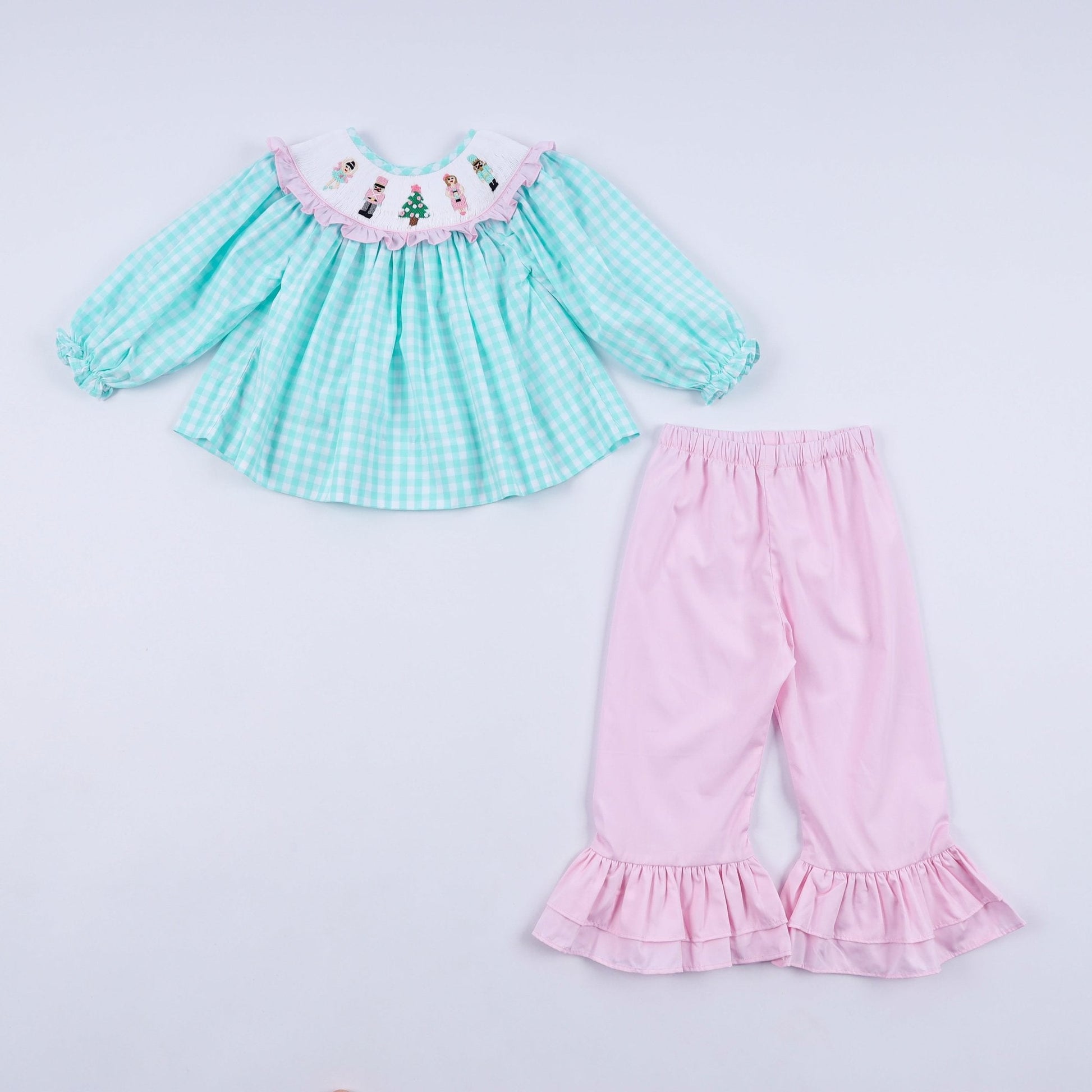 Mint christmas nutcracker hand smocked gingham ruffle pants set - Abbies Place