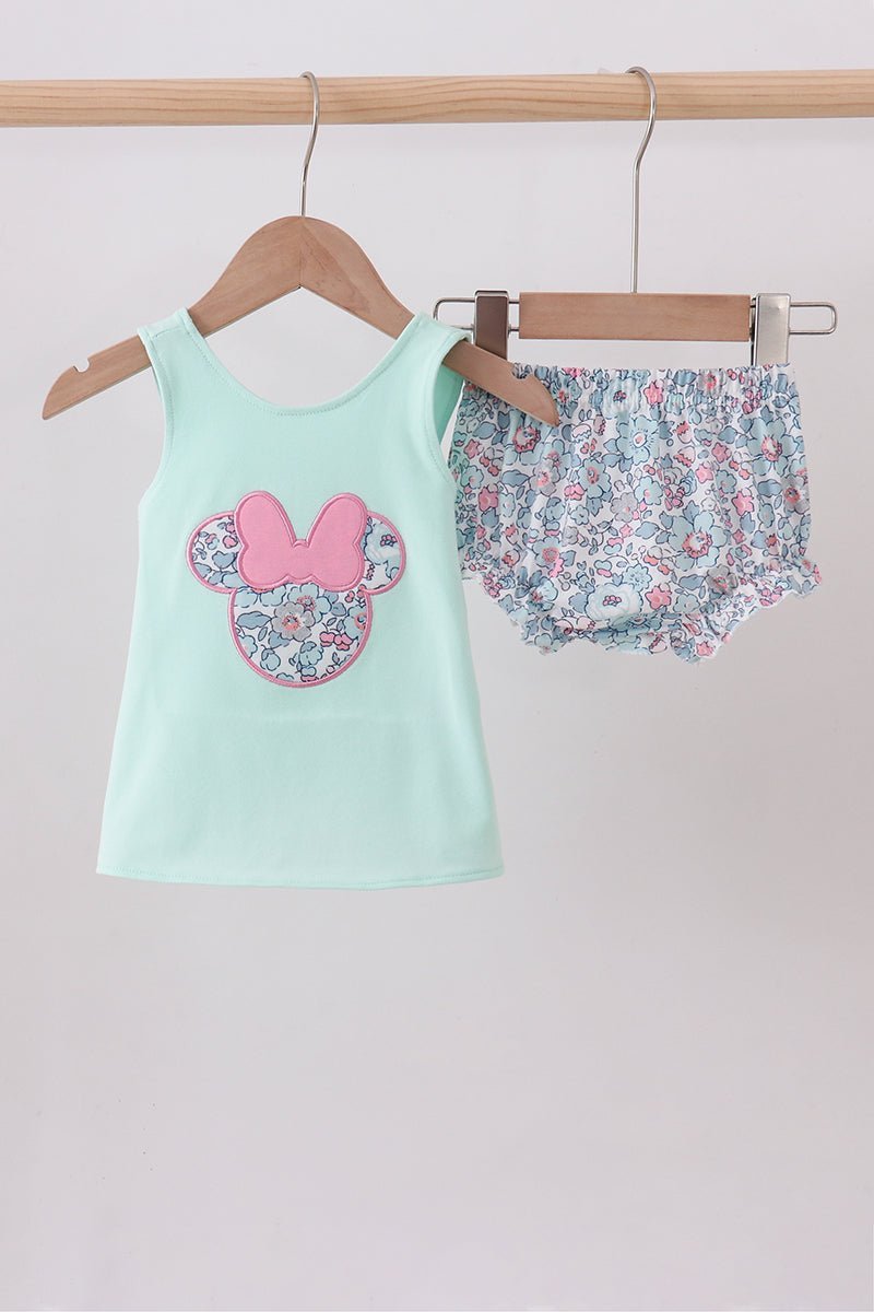 Mint floral character applique bloomer set - Abbies Place