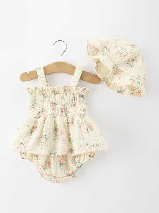 Muslin Summer Floral Print Smocked Baby Girl Romper Set Hat - Abbies Place