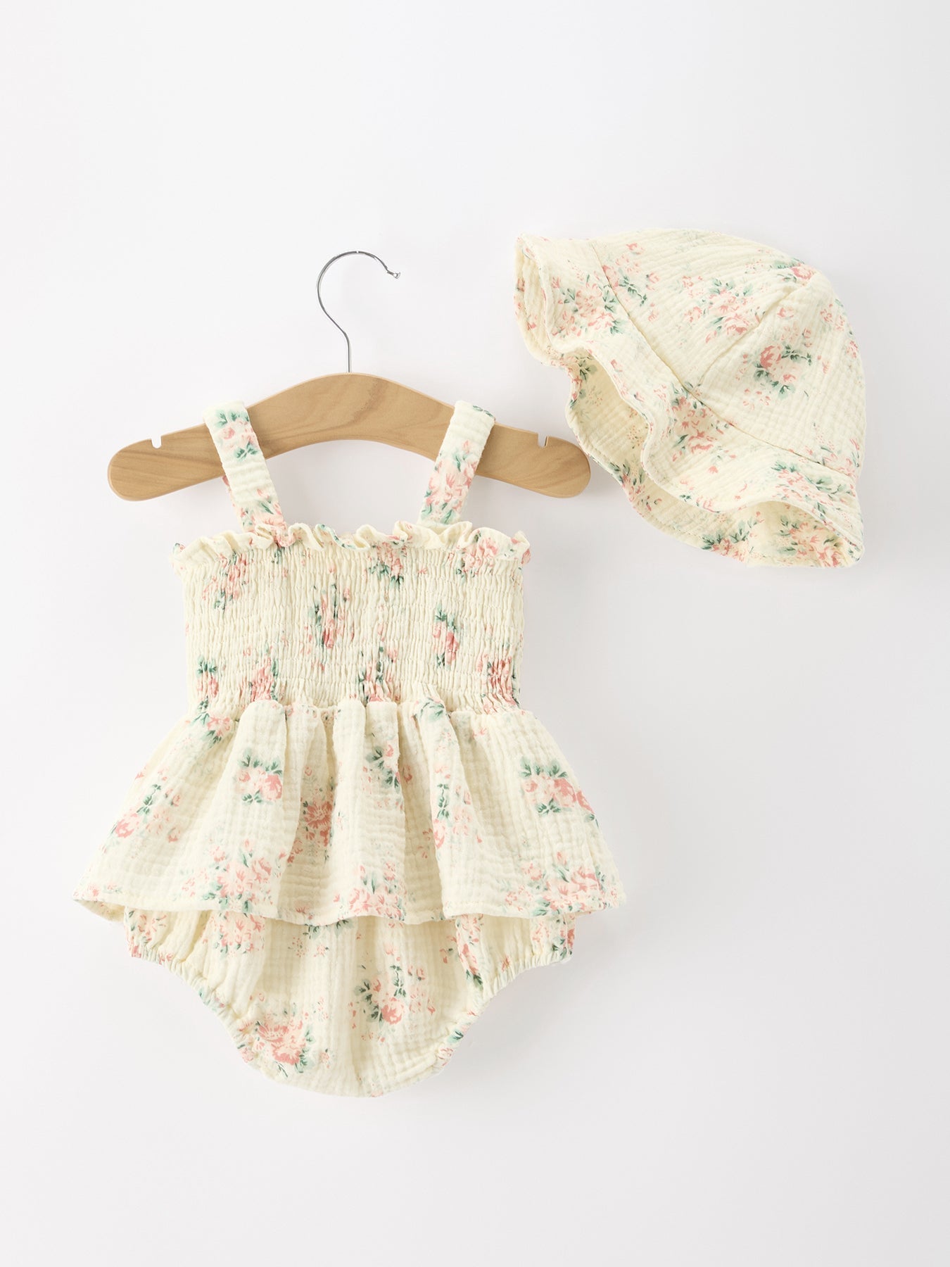 Muslin Summer Floral Print Smocked Baby Girl Romper Set Hat - Abbies Place