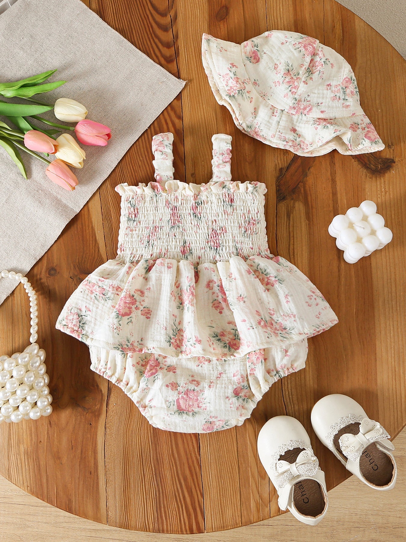 Muslin Summer Floral Print Smocked Baby Girl Romper Set Hat - Abbies Place