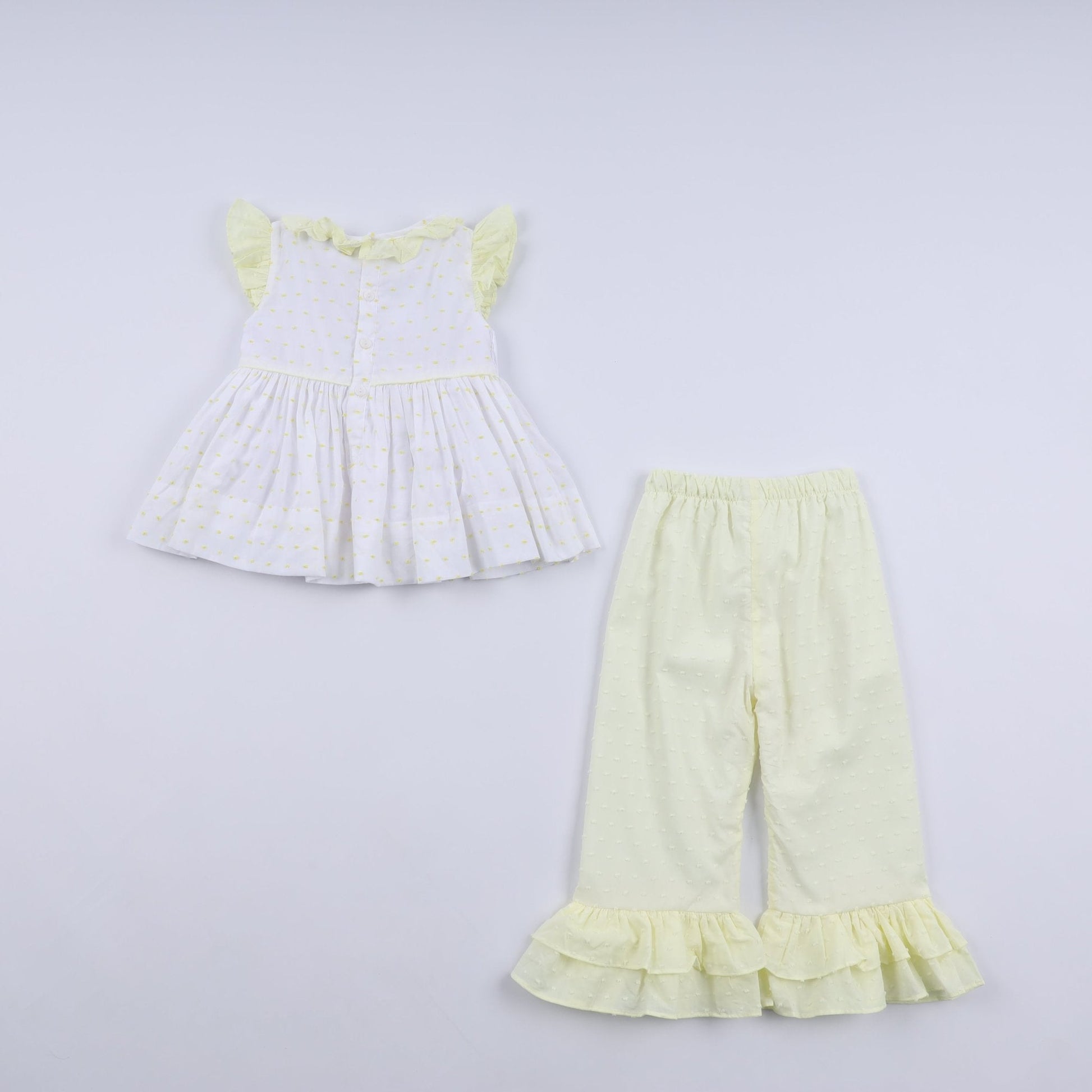 Mustard character hand smocked ruffle pants set - Abbies Place