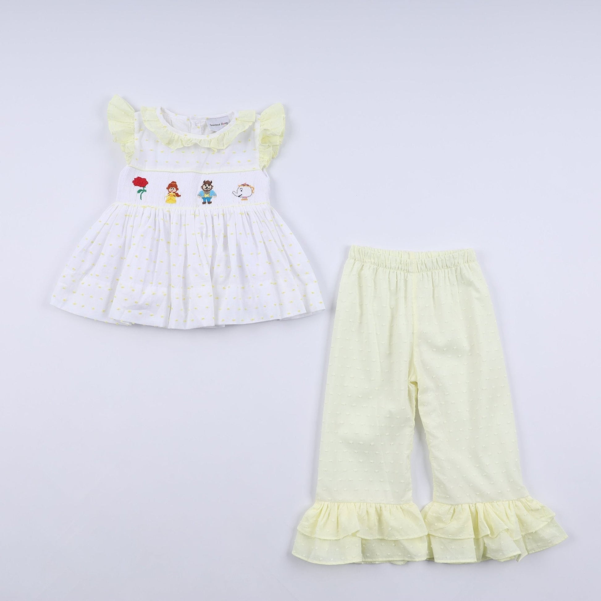 Mustard character hand smocked ruffle pants set - Abbies Place