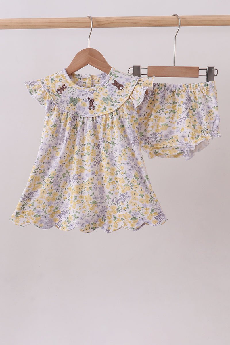 Mustard floral bunny embroidery bloomer set - Abbies Place