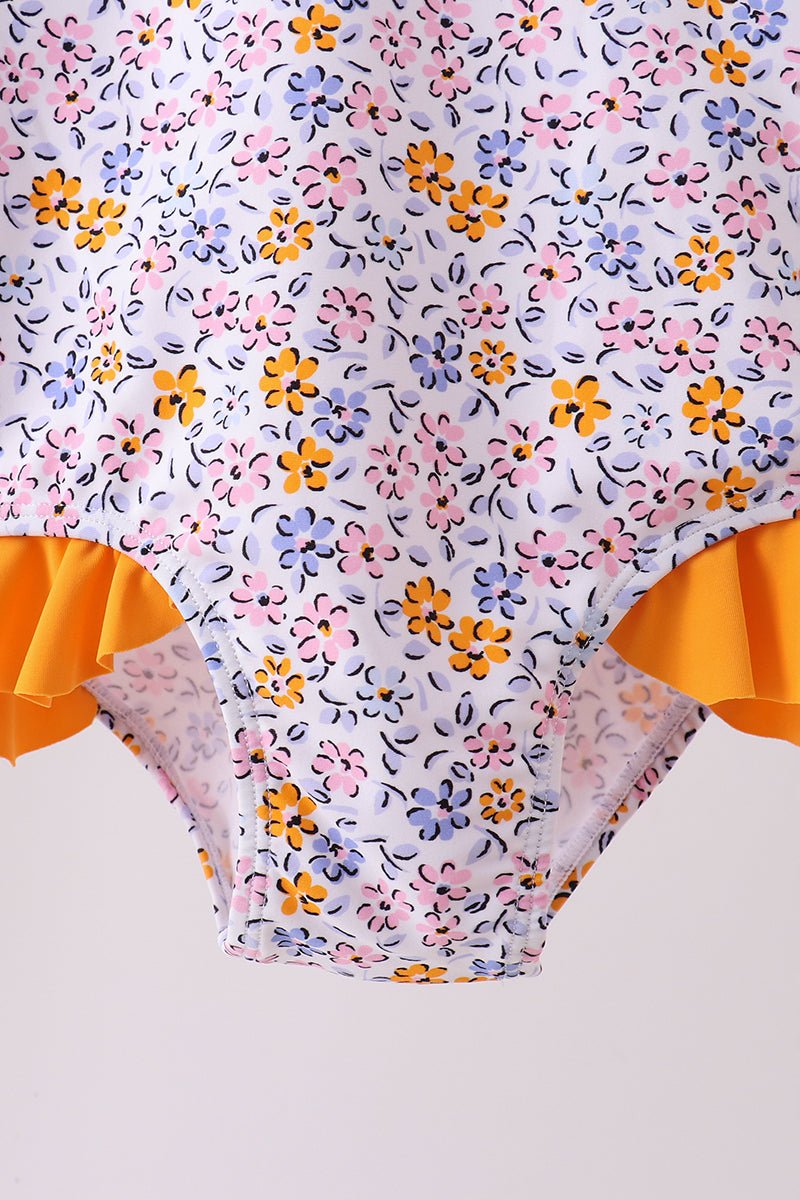 Mustard floral print ruffle rashguard - Abbies Place