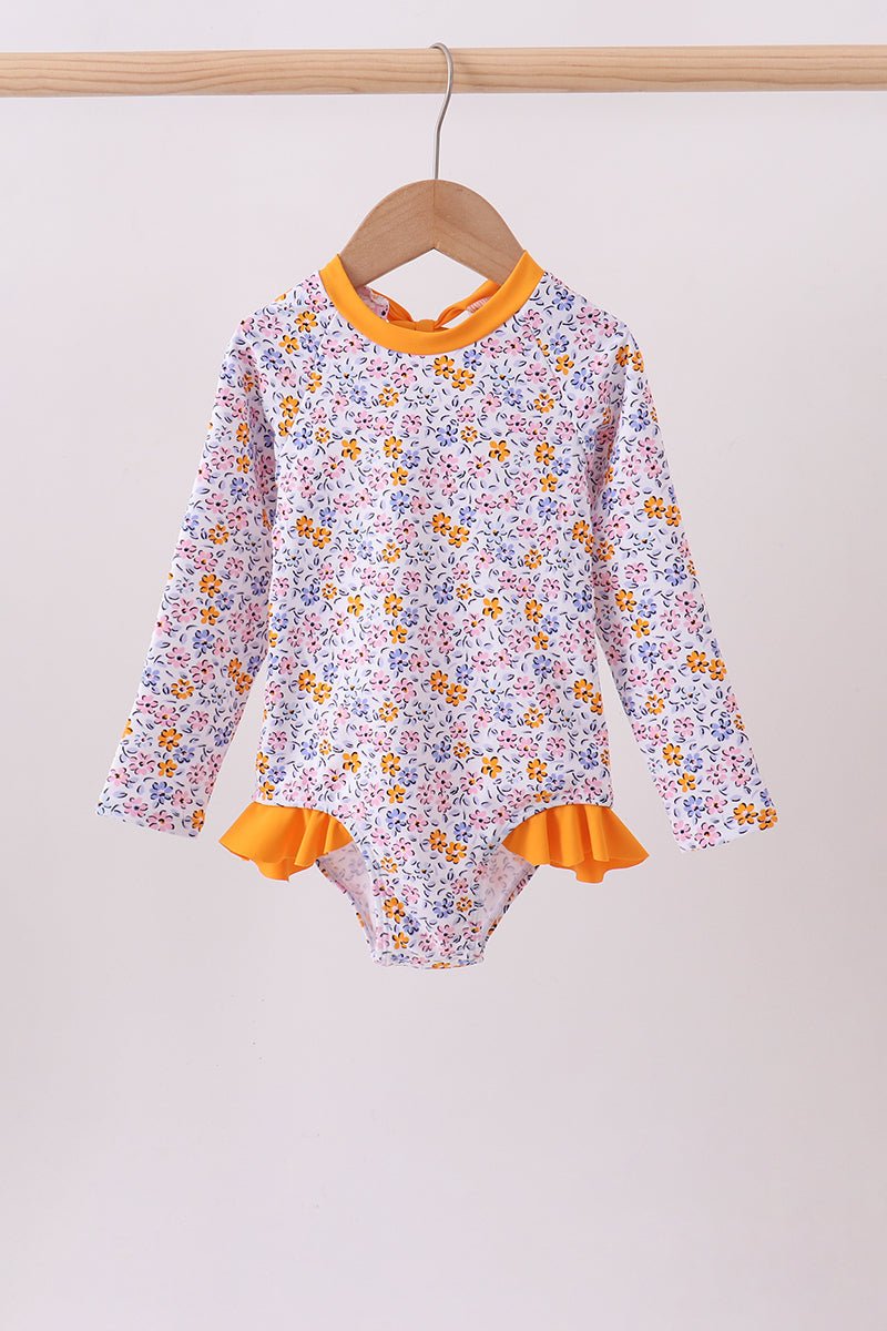 Mustard floral print ruffle rashguard - Abbies Place