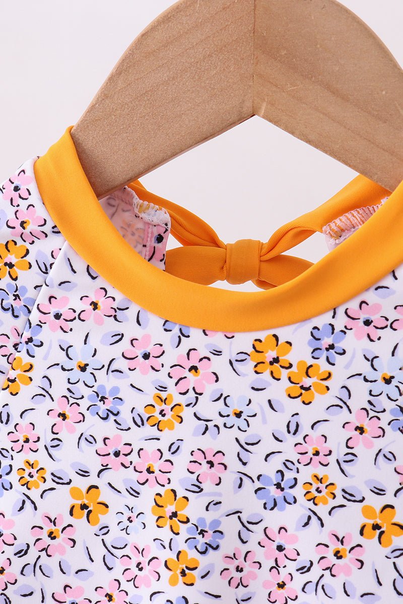 Mustard floral print ruffle rashguard - Abbies Place