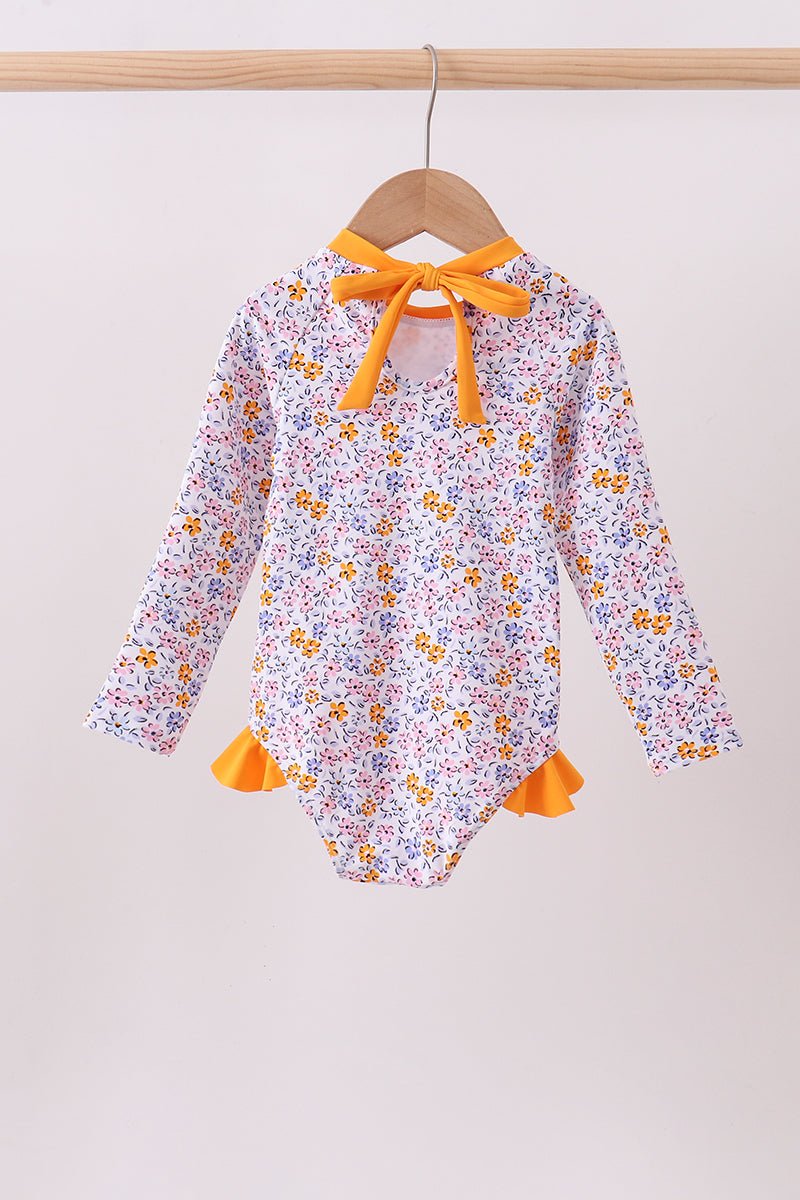 Mustard floral print ruffle rashguard - Abbies Place