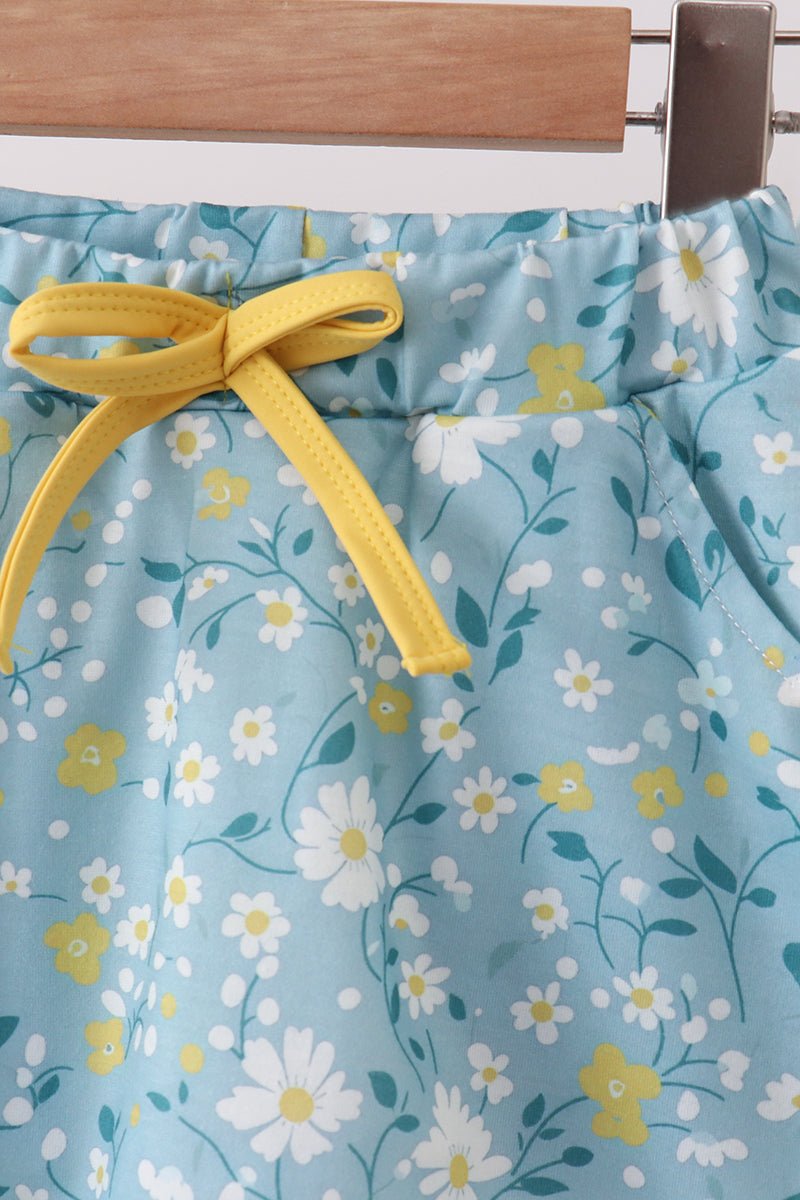 Mustard&green floral bow skorts set - Abbies Place