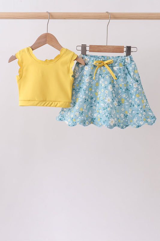 Mustard&green floral bow skorts set - Abbies Place