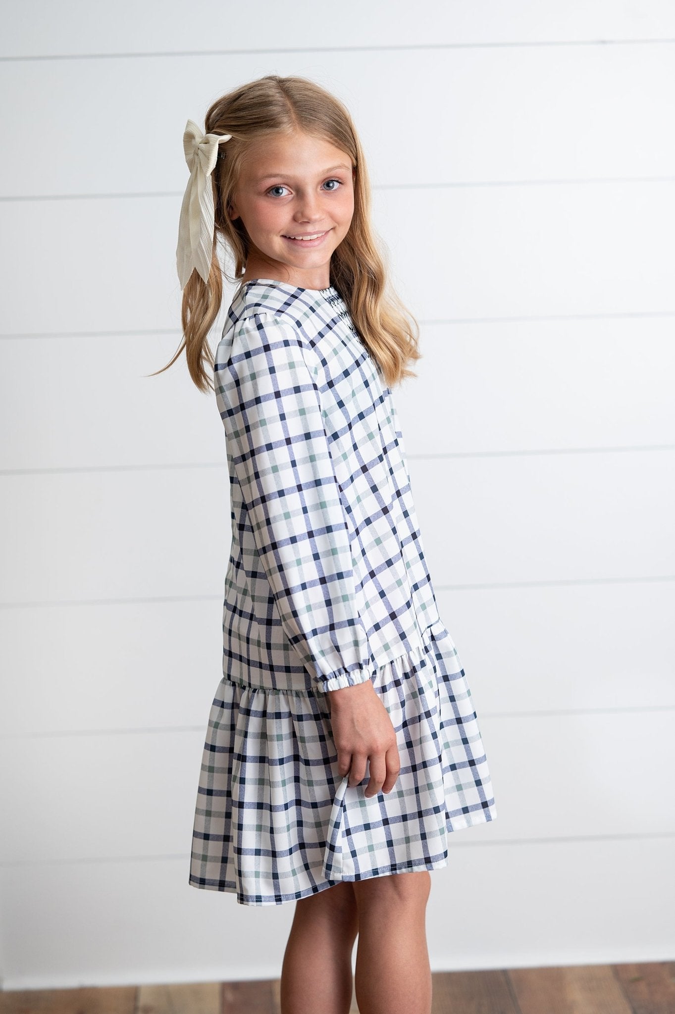Navy and White Plaid Smocked Dress - Abbies Place