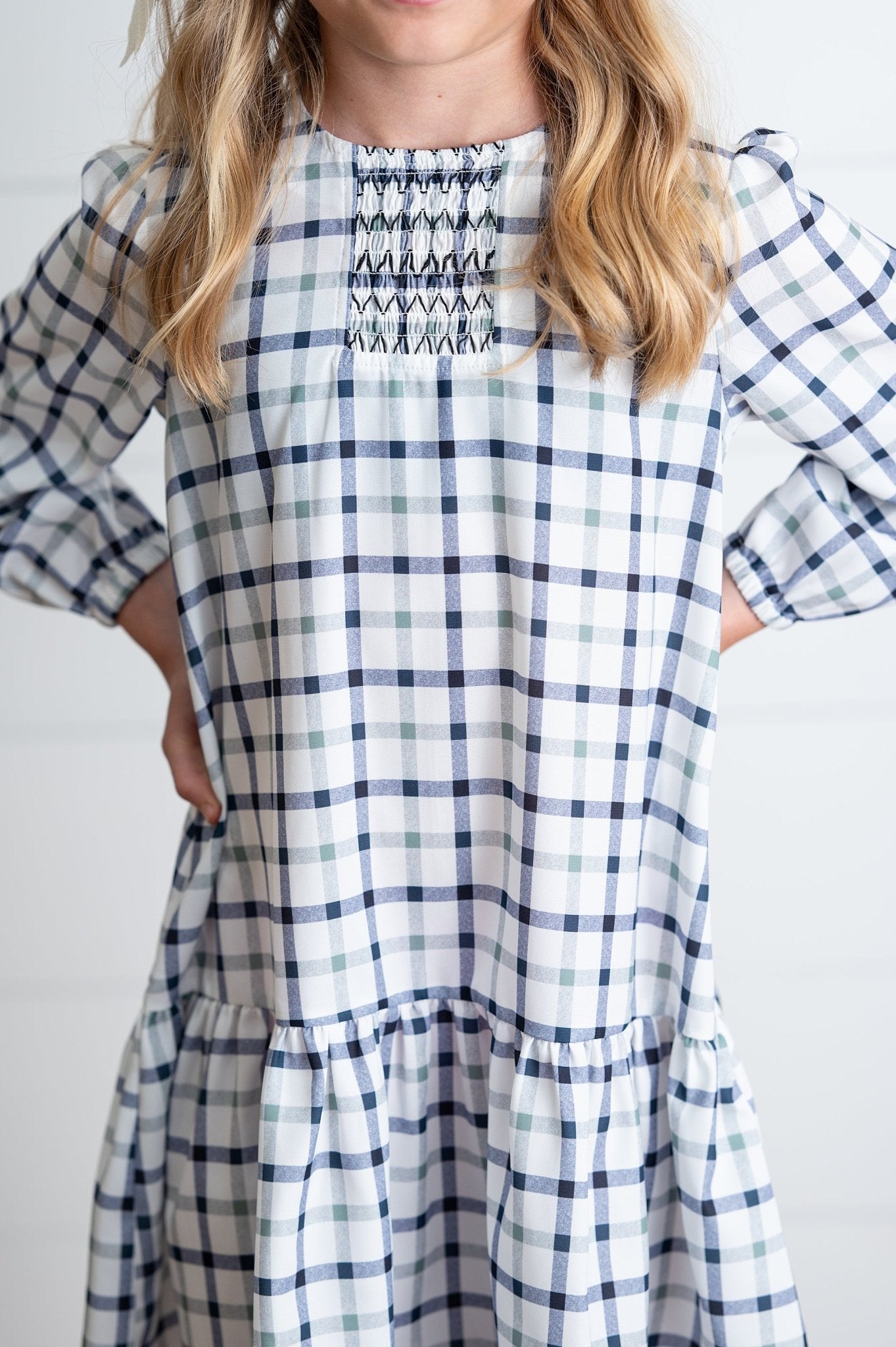 Navy and White Plaid Smocked Dress - Abbies Place