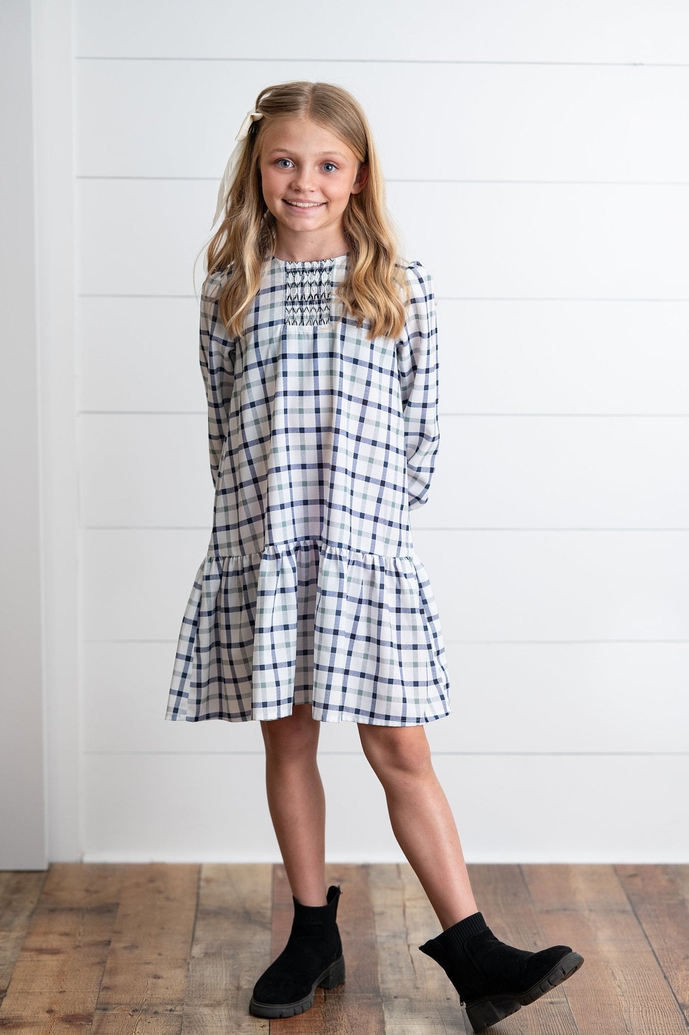 Navy and White Plaid Smocked Dress - Abbies Place