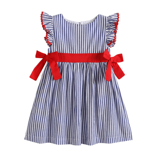 Navy Blue Stripe and Red Ruffle Bow Dress - Abbies Place