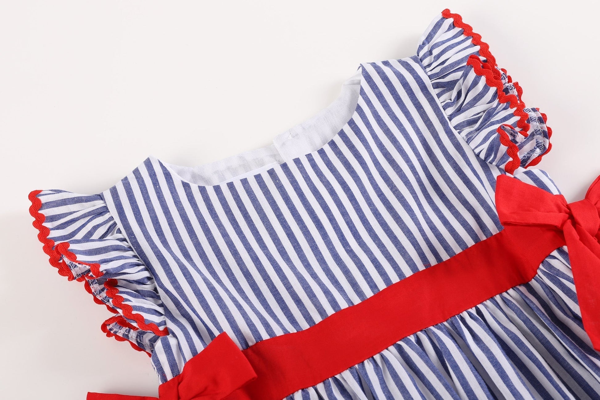 Navy Blue Stripe and Red Ruffle Bow Dress - Abbies Place