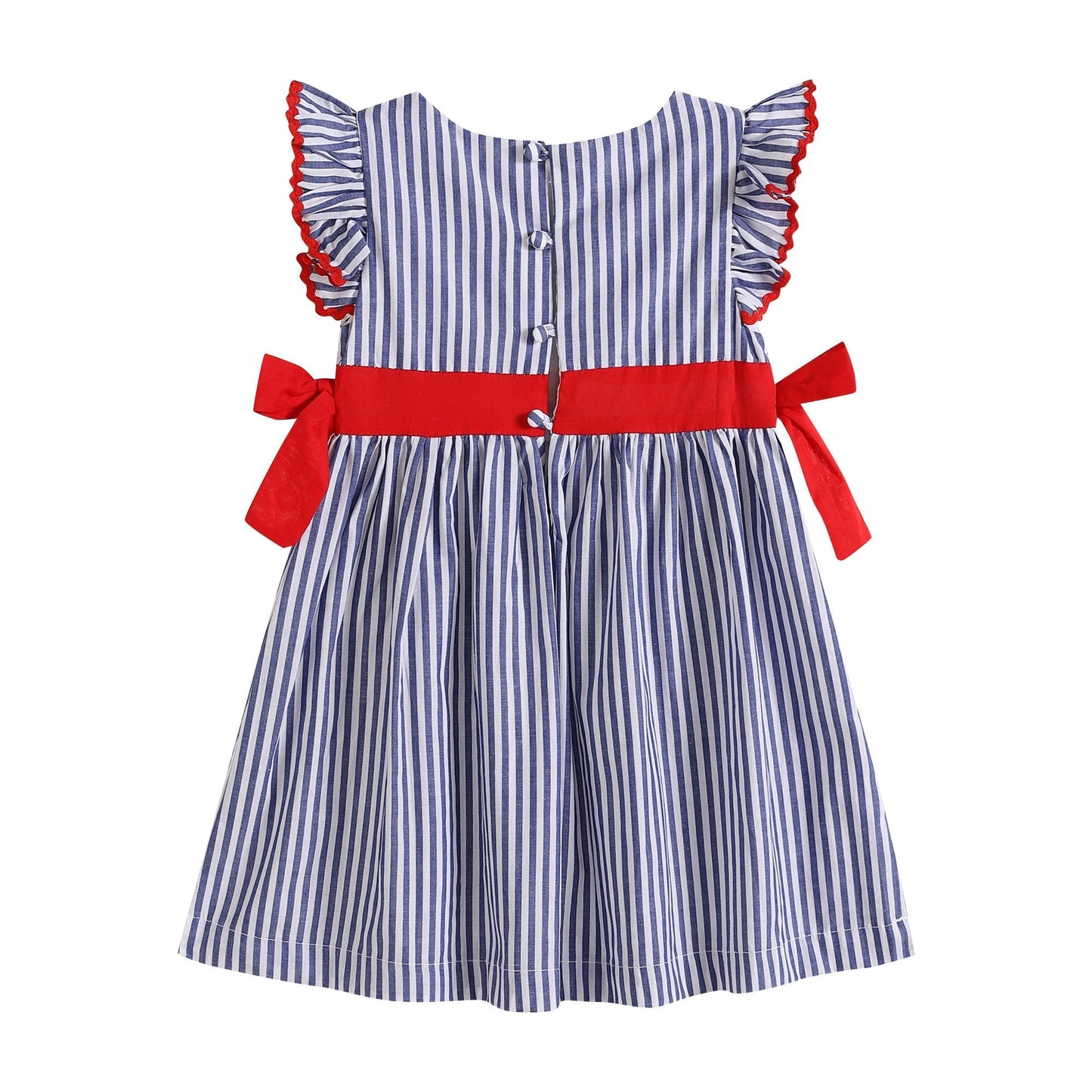 Navy Blue Stripe and Red Ruffle Bow Dress - Abbies Place