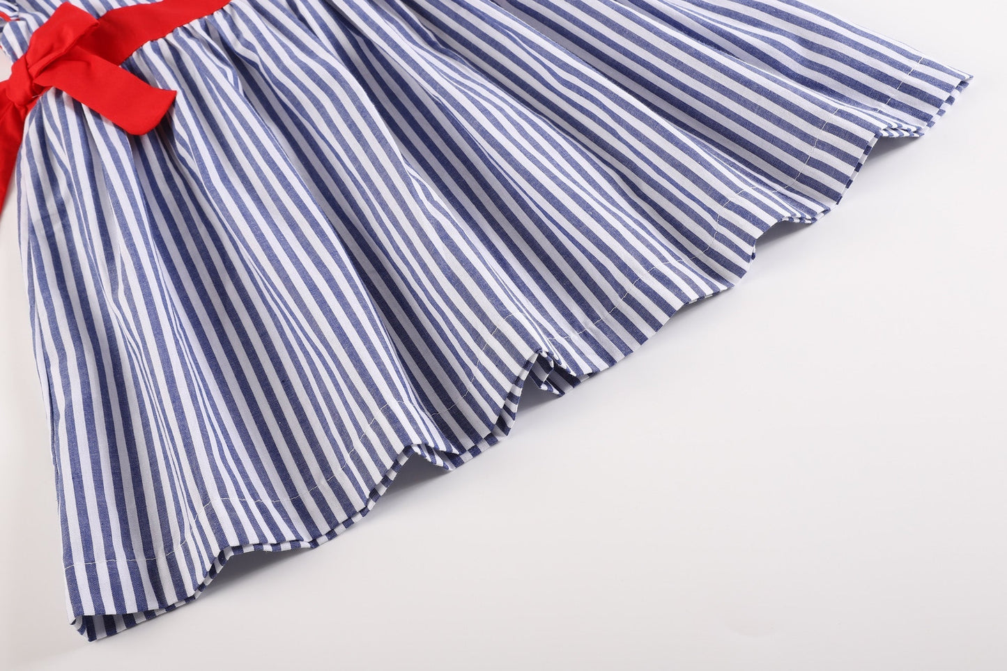 Navy Blue Stripe and Red Ruffle Bow Dress - Abbies Place