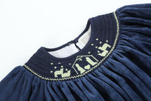 Load image into Gallery viewer, Navy Blue Velvet Gold Nativity Smocked Bishop Dress
