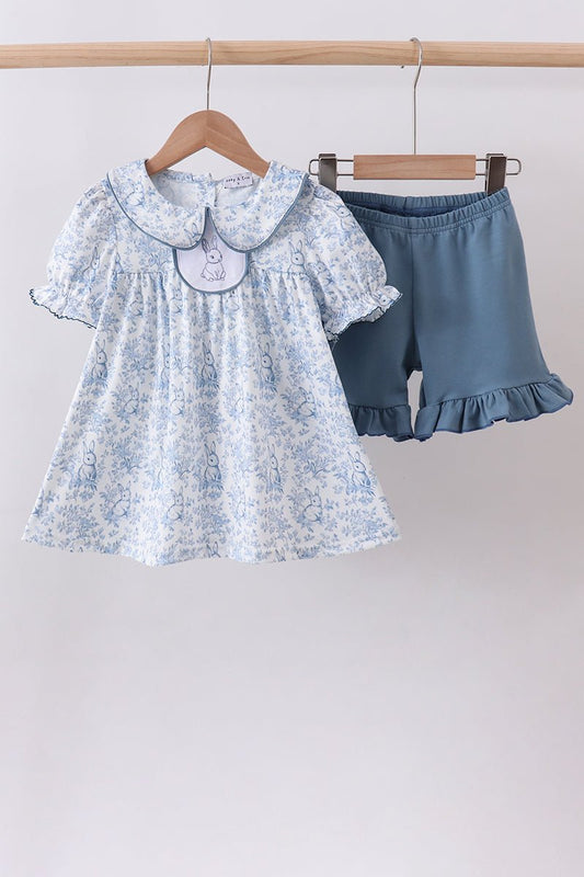 Navy bunny embroidery floral peter pan collar shorts set - Abbies Place