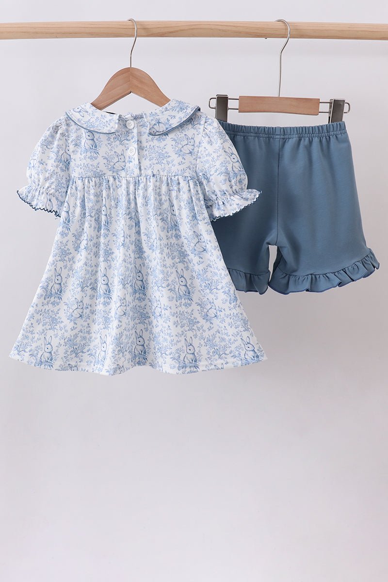 Navy bunny embroidery floral peter pan collar shorts set - Abbies Place