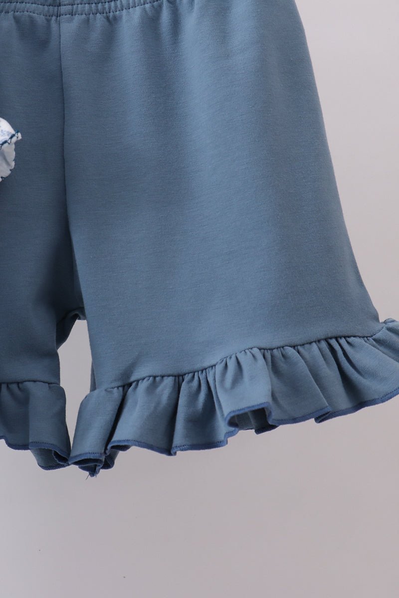 Navy bunny embroidery floral peter pan collar shorts set - Abbies Place