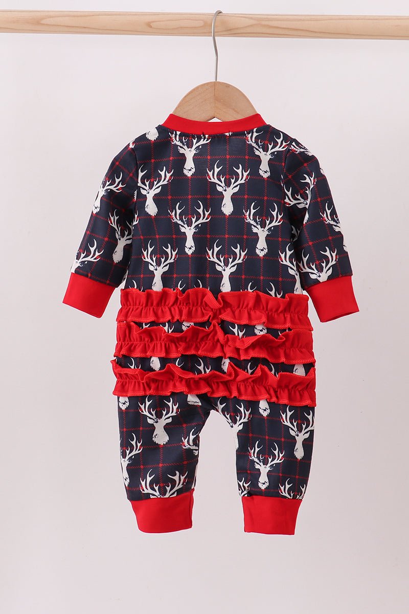 Navy deer print ruffle romper - Abbies Place