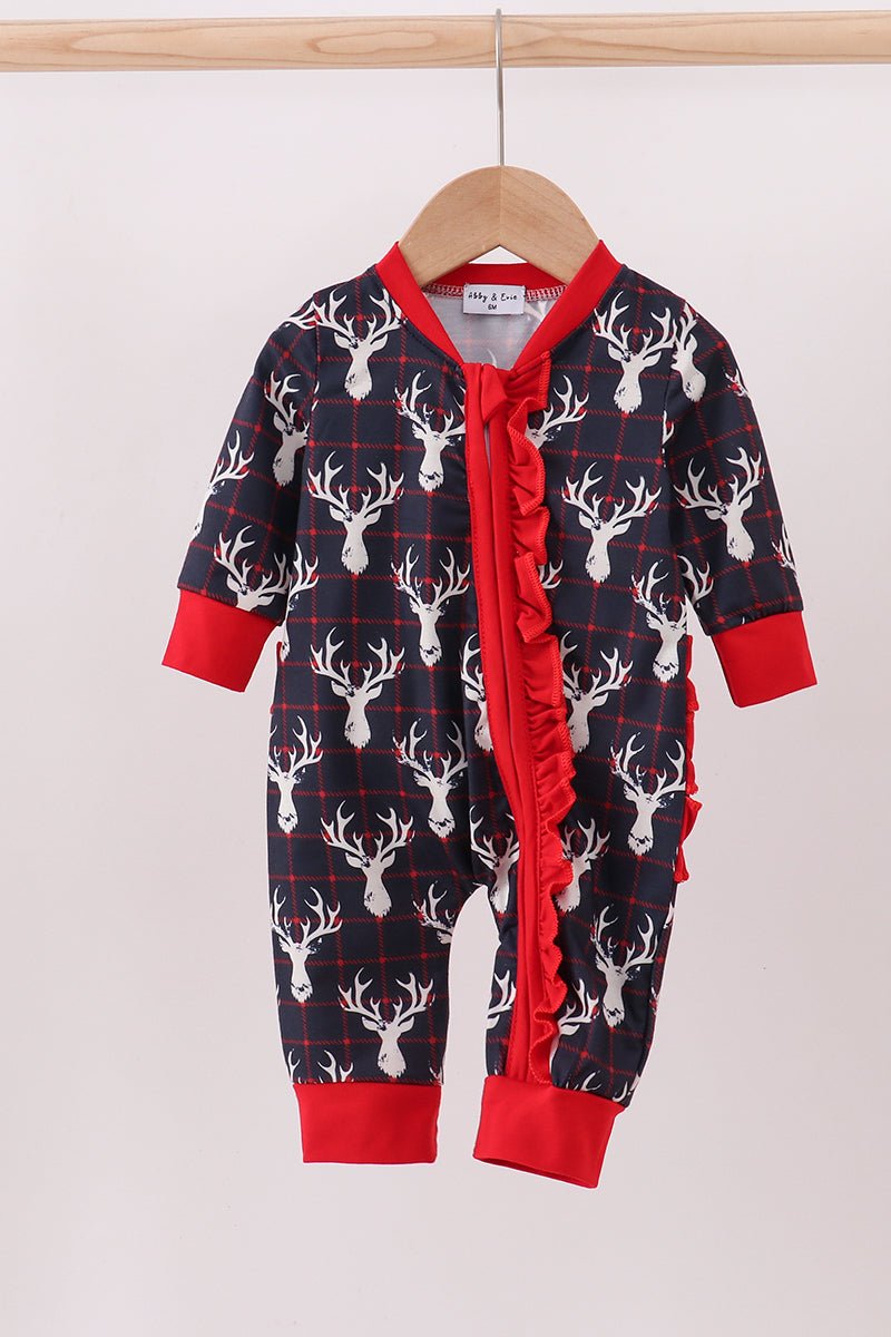 Navy deer print ruffle romper - Abbies Place