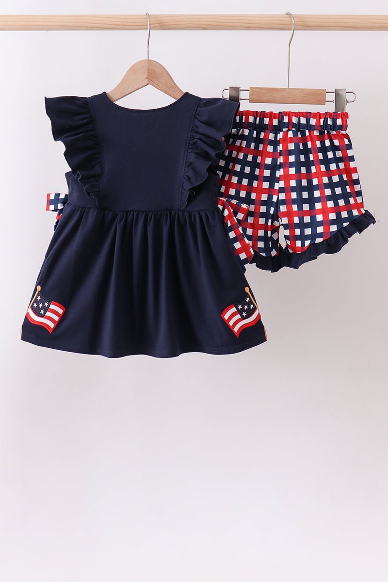 Navy flag applique gingham ruffle shorts set - Abbies Place