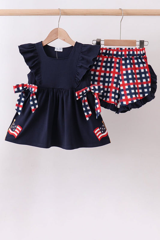 Navy flag applique gingham ruffle shorts set - Abbies Place