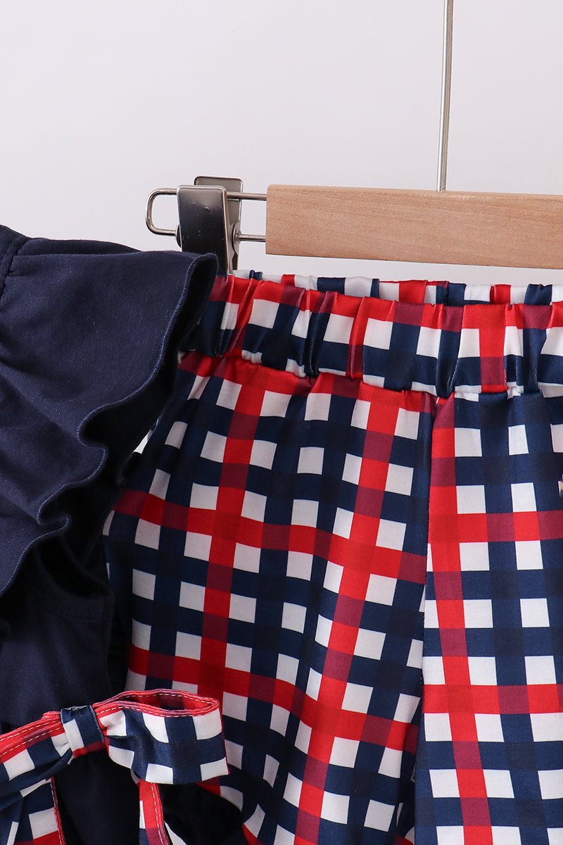 Navy flag applique gingham ruffle shorts set - Abbies Place