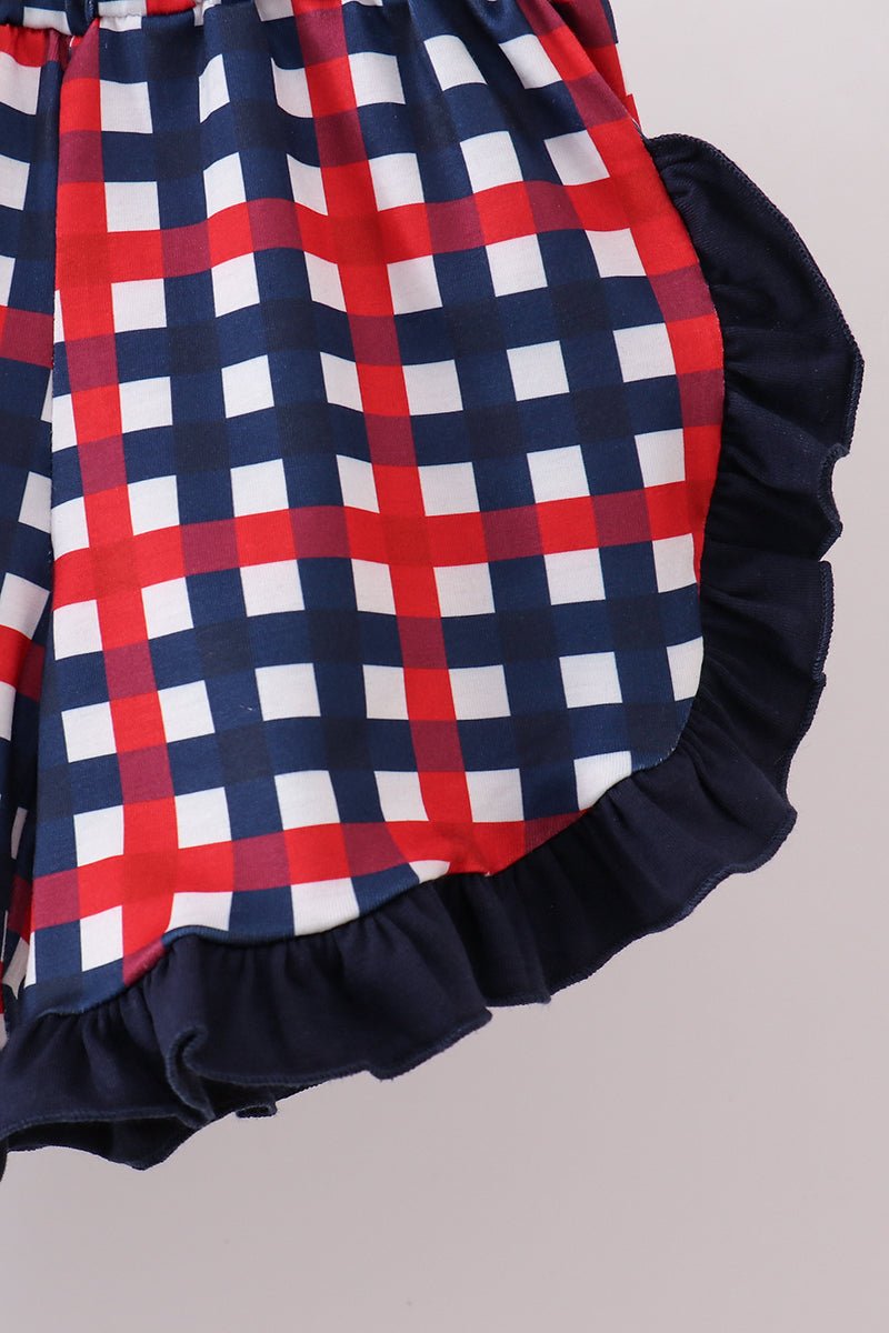 Navy flag applique gingham ruffle shorts set - Abbies Place