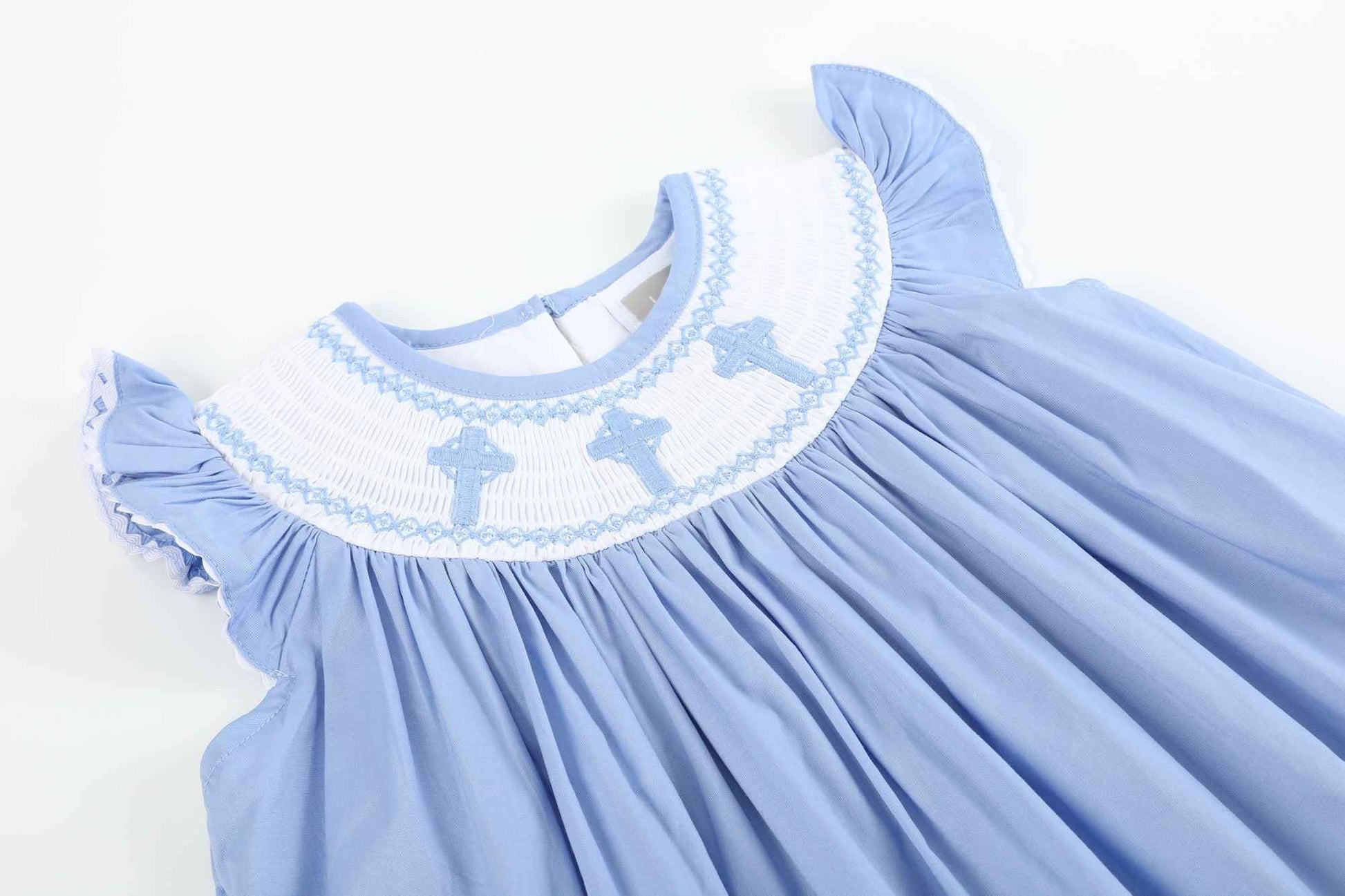 Periwinkle Blue Crosses Smocked Bishop Dress - Abbies Place