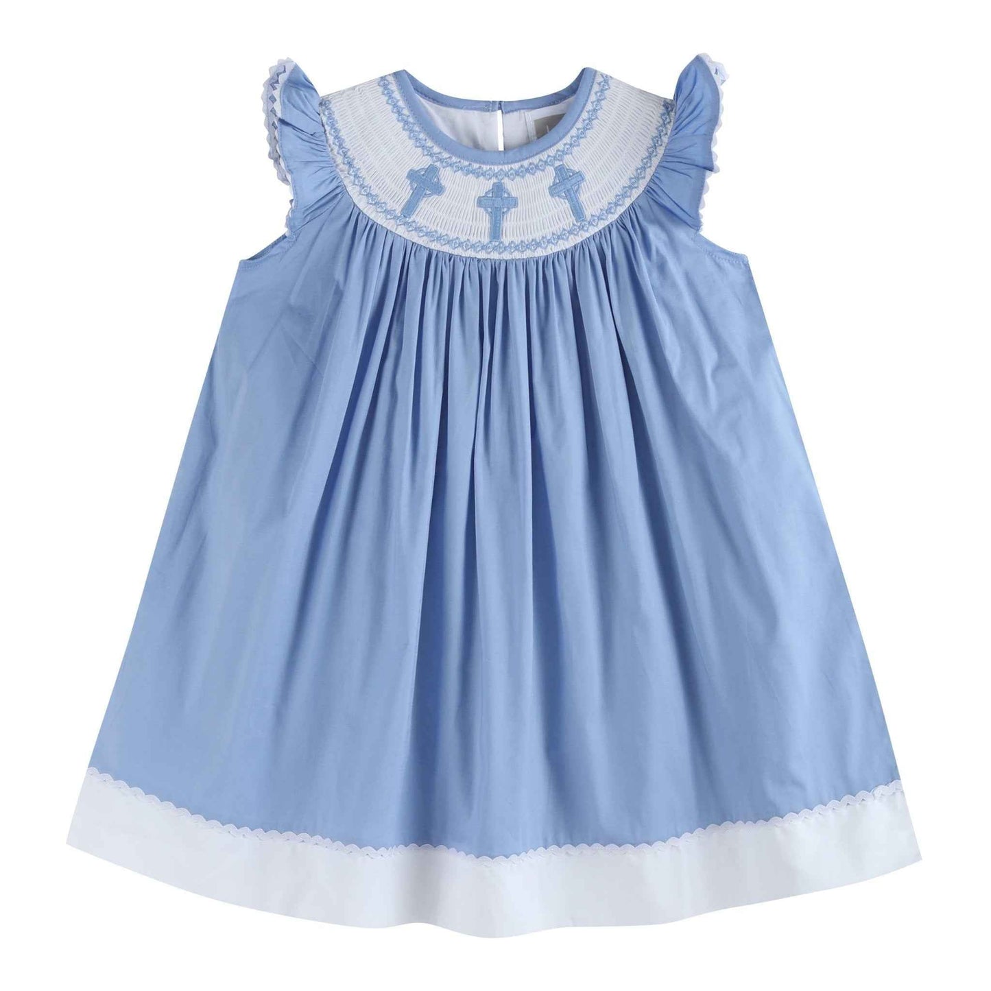 Periwinkle Blue Crosses Smocked Bishop Dress - Abbies Place