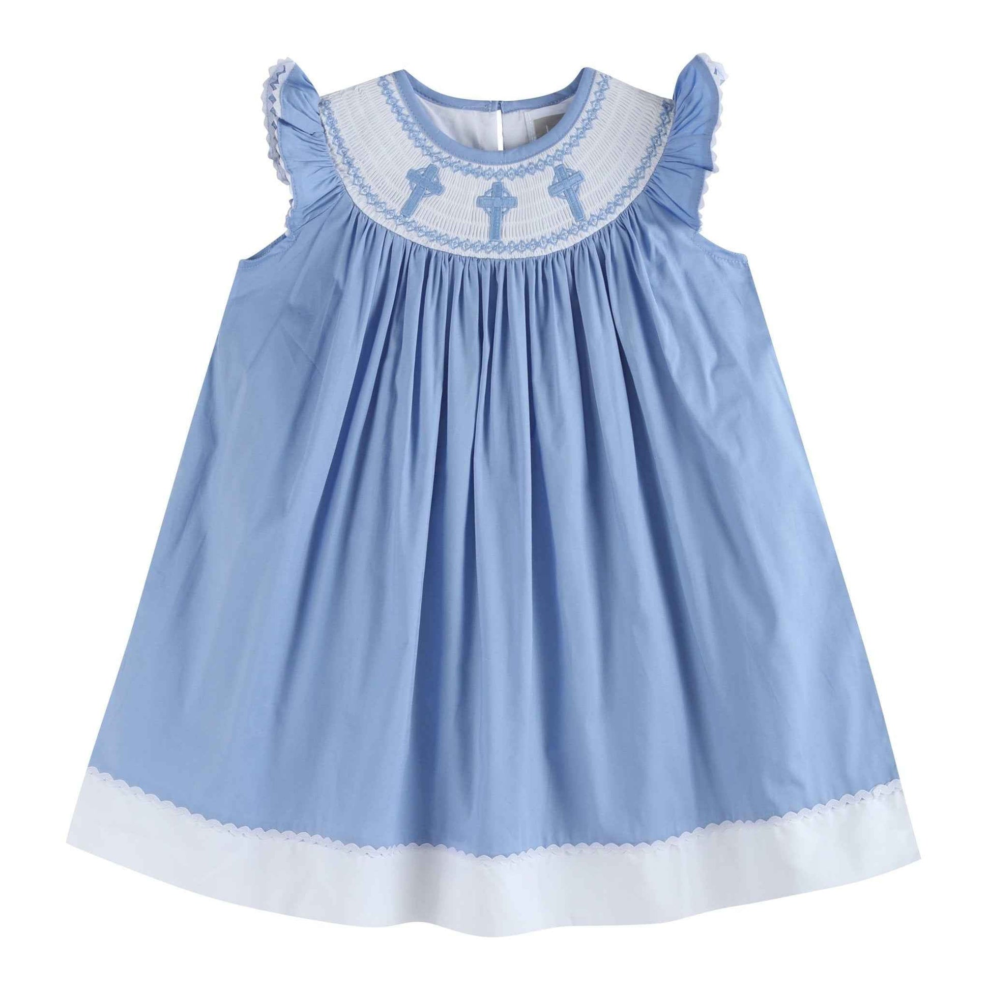 Periwinkle Blue Crosses Smocked Bishop Dress - Abbies Place