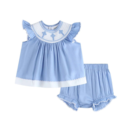 Periwinkle Blue Crosses Smocked Dress and Bloomers Set - Abbies Place